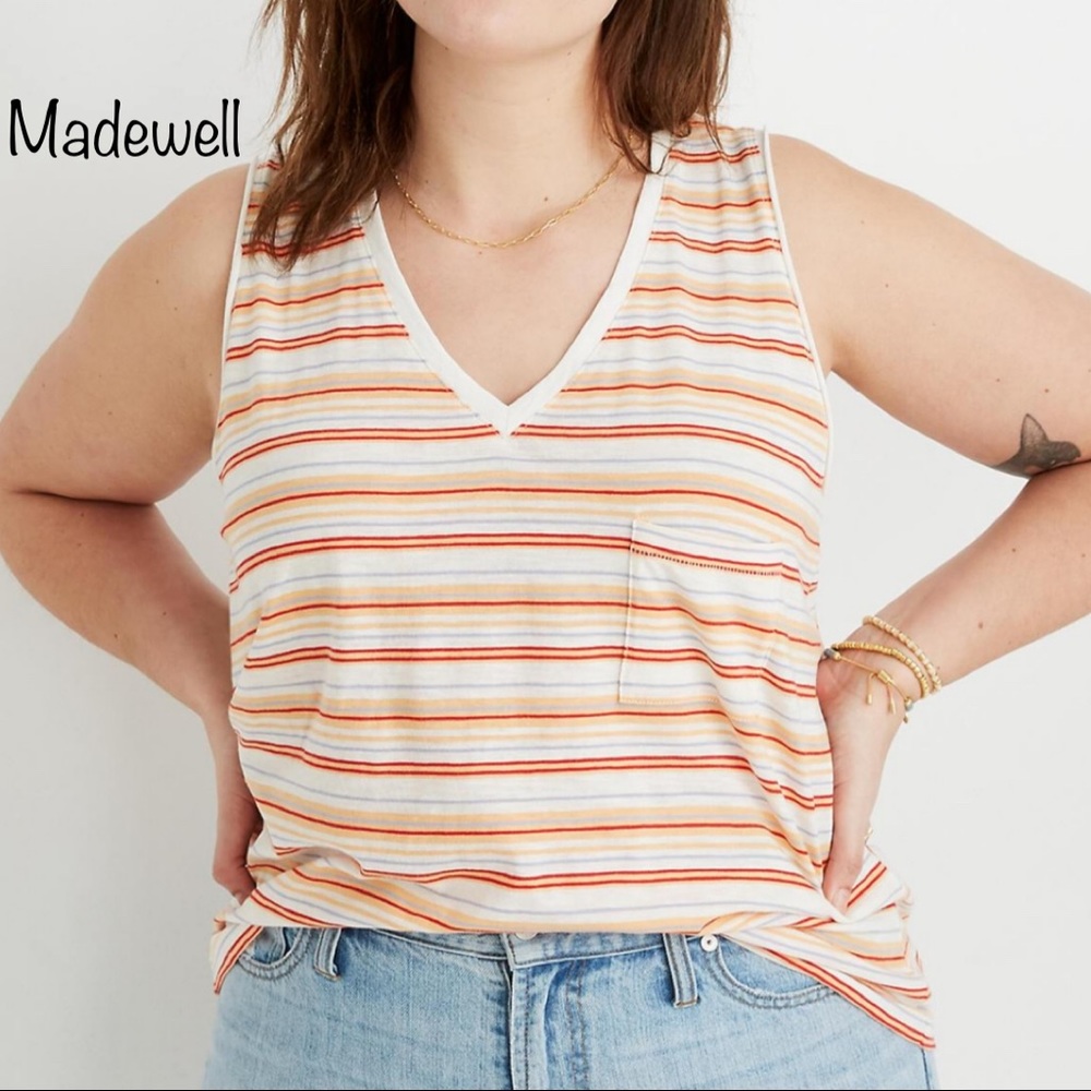 Madewell Striped V-Neck Tank Top in Cream, Orange & Red
